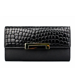 Genuine Leather Women's Wallet: Large Capacity, 3 Fold, Luxury Snake Skin Design in Black